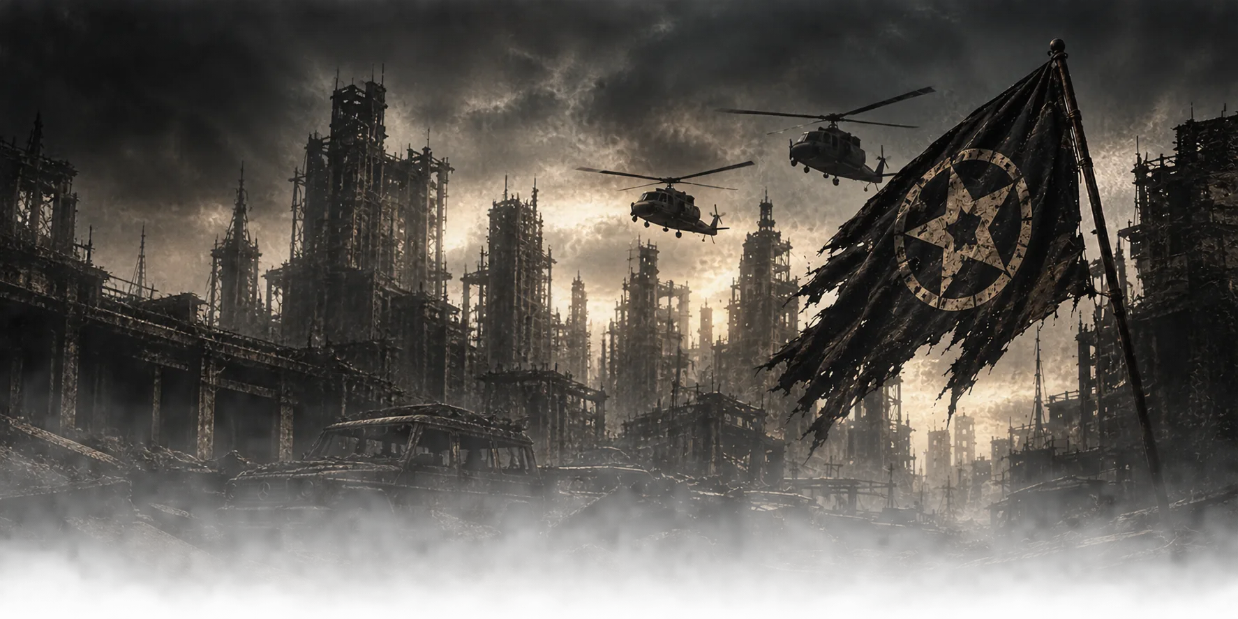 DOOMESDAY survival flag overlooking a ruined city