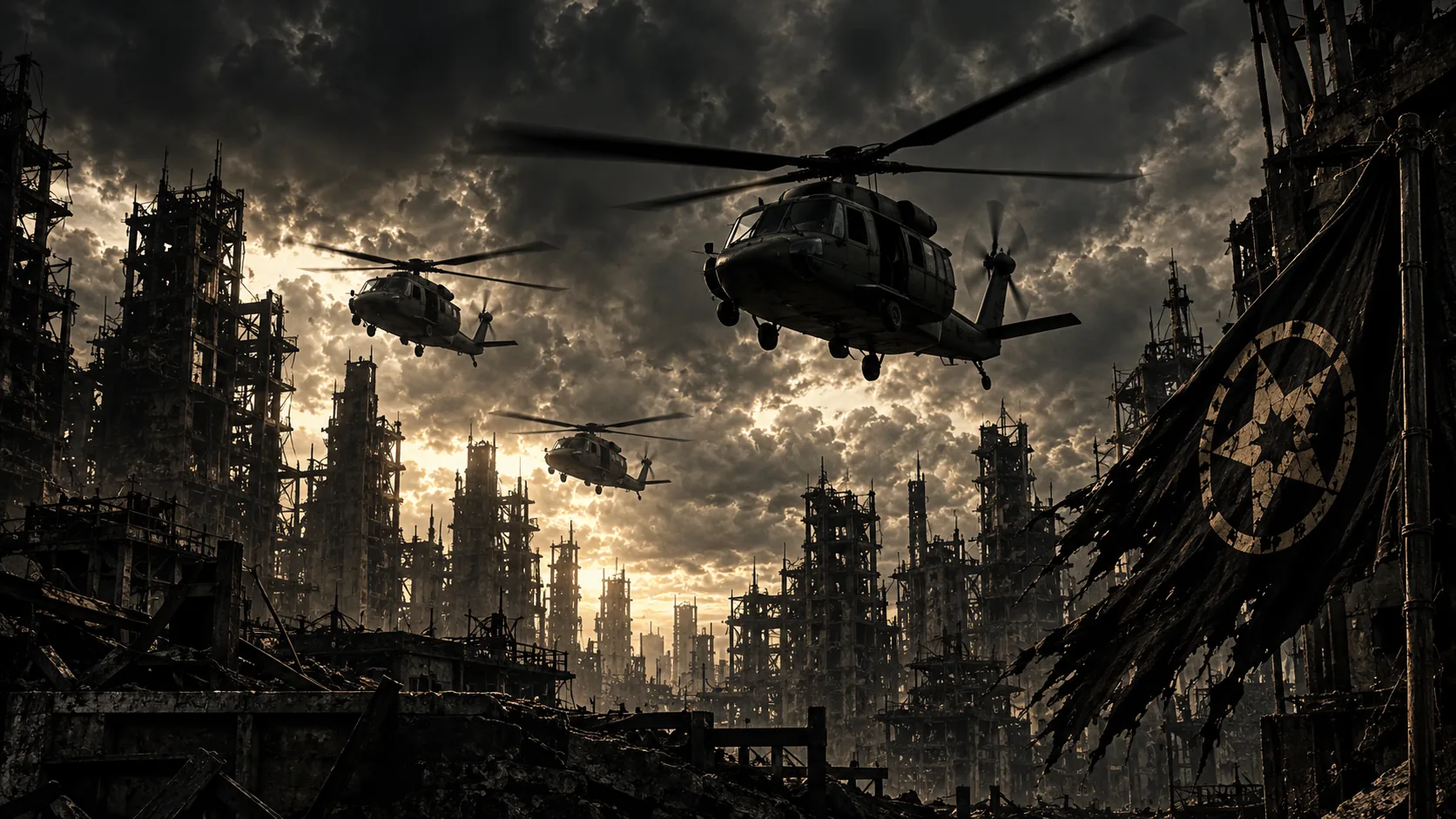Helicopters crossing a ruined industrial city