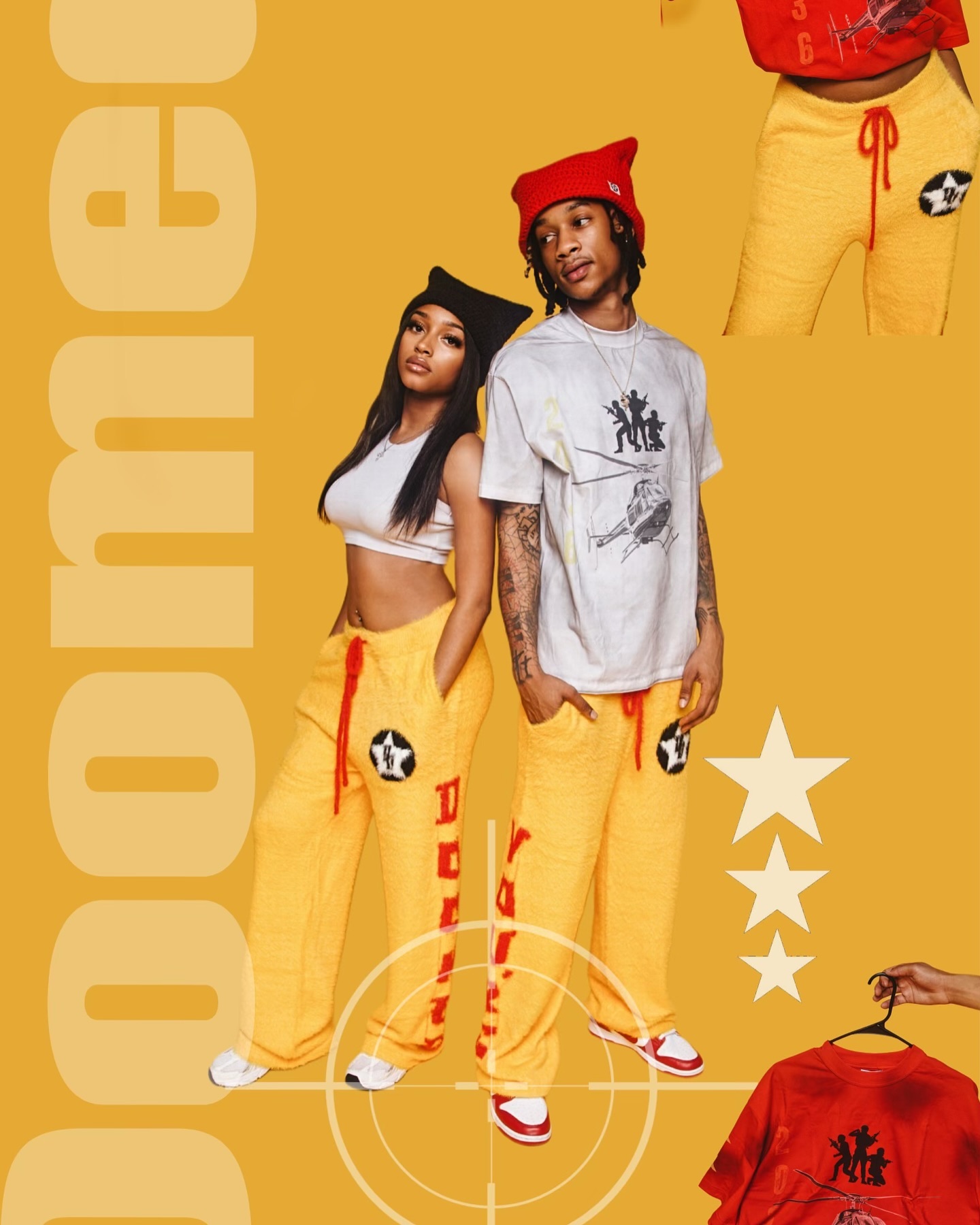 DoomesDay collage of a couple in yellow knit pants and beanies
